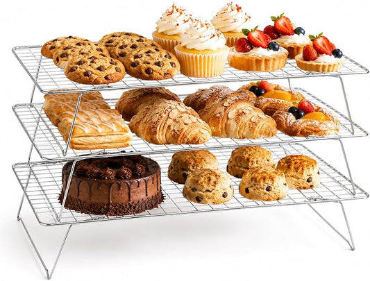 Cooling Rack, 3 Tier Stackable Cooling Racks for Cooking Baking Roasting, Multi-Level Collapsible Cookie Rack for Cakes, Oven Safe & Easy Clean (Silver, 3-Tier)