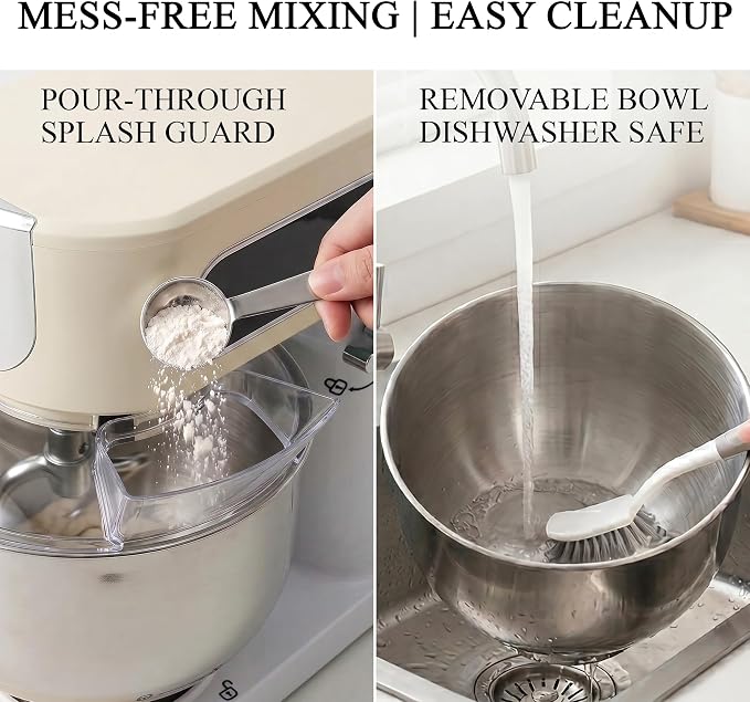 5.3 Qt 9-Speed Tilt-Head Stand Mixer, Multi-Function Electric Mixer | 3 Mixing Attachments, Meat Grinder & Vegetable Slicer, Stainless Steel Bowl, Splash Guard, Easy Clean, Almond Cream