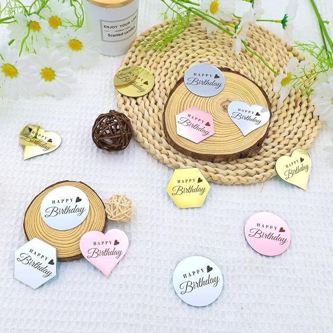 45PCS Happy Birthday Cake Toppers, Mirror Acrylic Cupcake Toppers 3 Multi-shape & 3 Different Color Custom Cupcake Picks for Birthday Party Anniversary Pastries Decorations