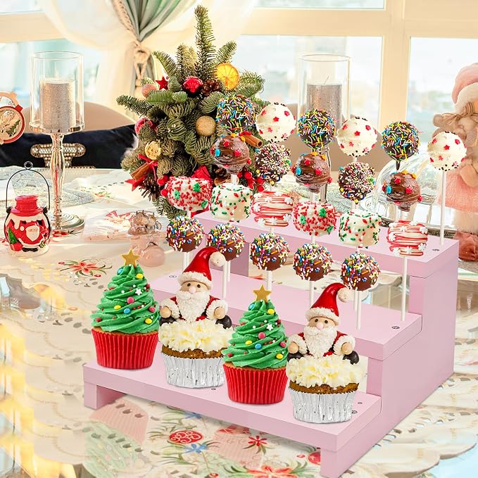 Wood Cake Pop Stands, 3 Tier Lollipop Holders with Twist Ties Lollipop Sticks, Sucker Display Riser for Dessert Table of Wedding Birthday Party (Pink-1P)