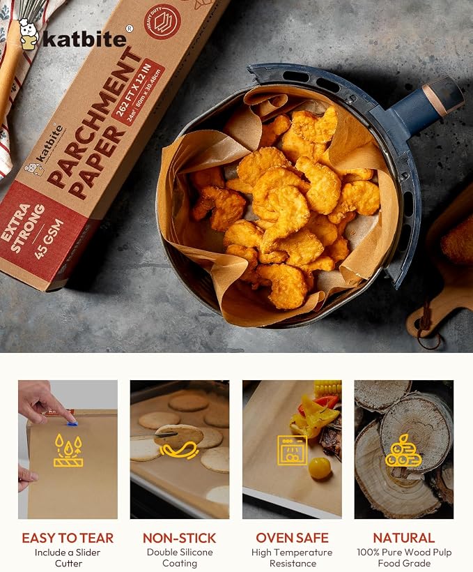 Unbleached Parchment Paper Roll for Baking 12in x 262ft, 260 Sq.Ft, Heavy Duty & Non-stick Baking Paper with Slide Cutter, Brown Parchment Paper for Cooking, Air Fryer, Steaming, Bread