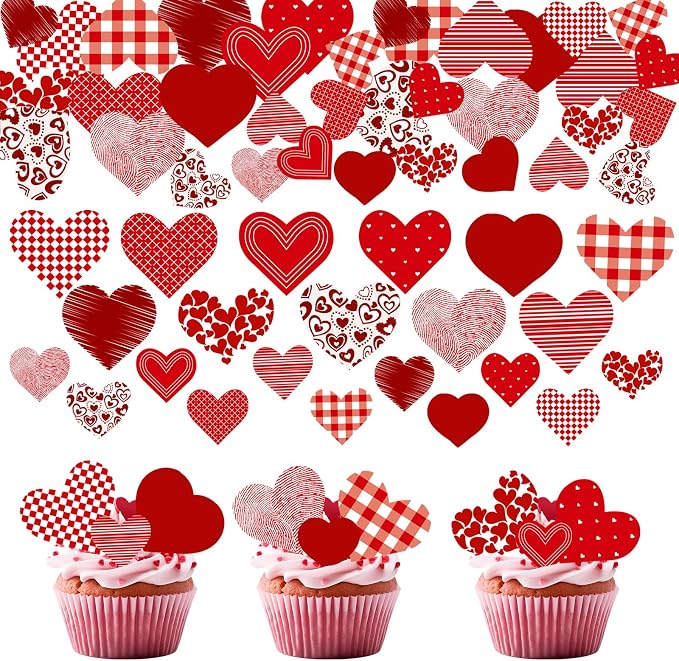 88PCS Edible Valentines Day Heart Cupcake Toppers Red Sweet Love Heart Cupcake Picks Happy Valentine's Day Heart Cake Decor for Valentine's Day Theme Party Decoration Supplies