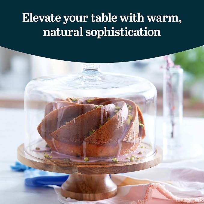Libbey Acacia Wood Cake Stand with Lid, Footed Cake Stand With Cover, Durable Ball Top Handle Glass Dessert Dome