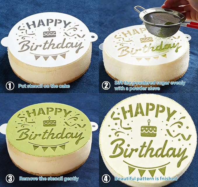 Cake Stencils Set 4 Templates - Happy Birthday, Love, Hearts, Floral - Reusable Laser-Cut for Fondant Buttercream Painting, Baking & DIY Decor (Art Deco) (4 Styles)