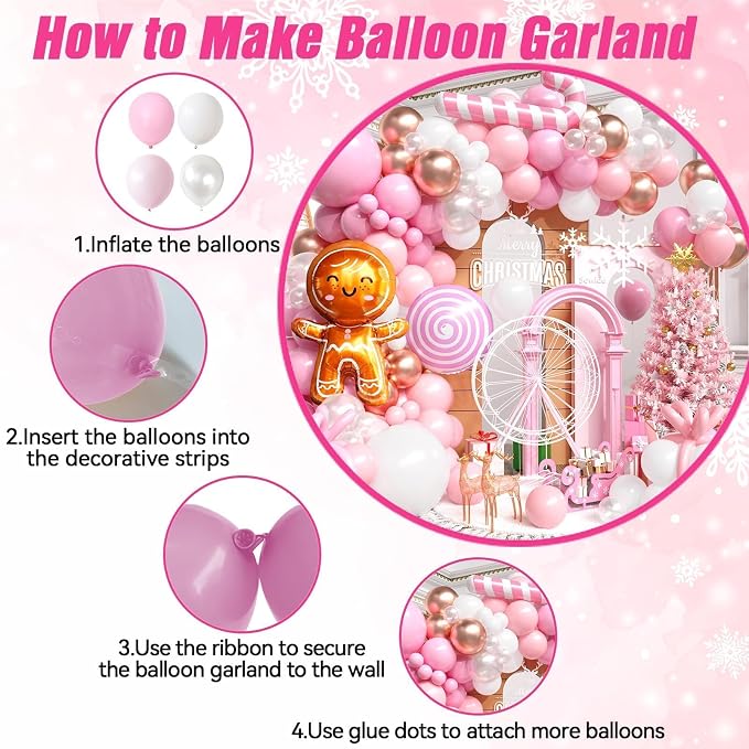 Pink Christmas Balloon Arch Kit, Pearl White Pink Rose Gold Balloons with Lollipop Candy Crutch Gingerbread Man Foil Balloons for Xmas Holiday Winter Birthday New Year Party Decorations