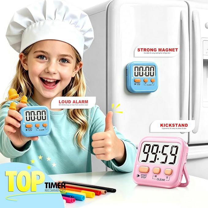 Antonki 2 Pack Digital Timer for Kids, Magnetic Countdown Kitchen Timers for Cooking, Egg, Classroom, Teacher, Exercise, Study, Oven - Battery Included