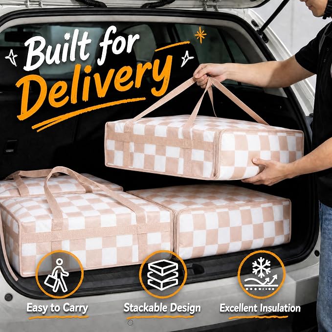 Beige Checkered Pizza Bags for delivery, Checkerboard Insulated Pizza Delivery Bag, Pizza Warmer Bag Pizza Carrier for Food Delivery Bag 20’’x20’’x6’’