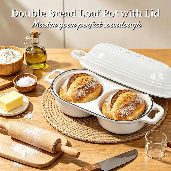 Dutch Oven For Sourdough Bread Baking – Enameled Cast Iron Dutch Oven Pot with Lid, Double Bread Loaf Pan – 500°F Oven Safe Non Stick Bread Pot for Homemade Bread, Meatloaf, Cake–Round Loaf Space, Even Heating– Cream White
