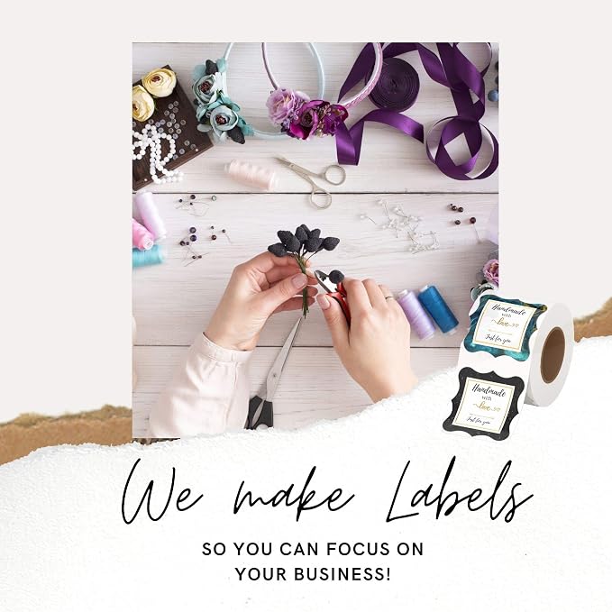 Mobiusea Creation Handmade with Love Stickers Roll | 2 inch Elegant Special Cut | Waterproof 500 Labels for Homemade Goods, Handmade Stickers, Small Business Supplies, Soap Candle Canning Supplies