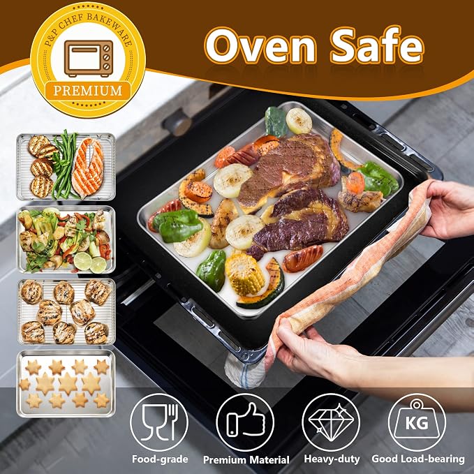P&P CHEF 12.5 Inch Baking Sheet Pan with Rack Set, Stainless Steel Cookie Sheet Pan Tray with Cooling Rack for Oven Use, Cooking Roasting, Non Toxic & Dishwasher Safe, Heavy Duty