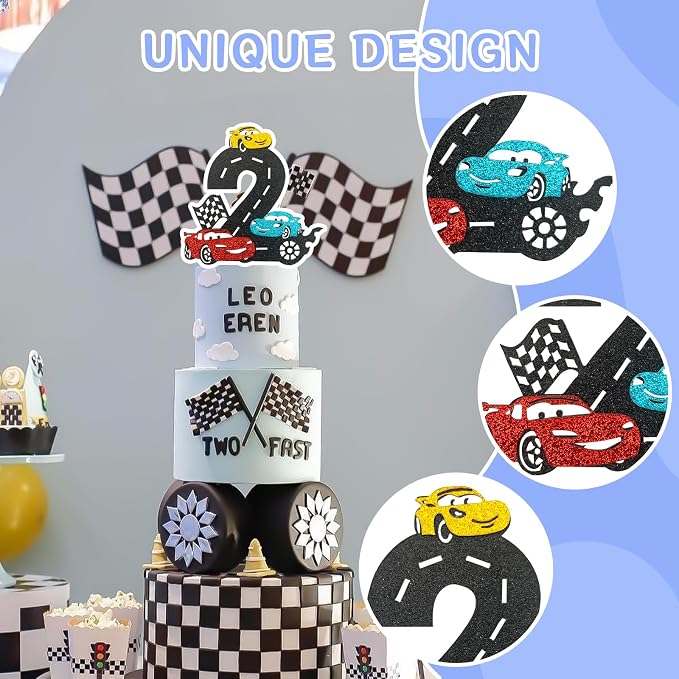 MEMOVAN Race Car 2nd Cake Topper Two Fast Cake Topper Racing Car Birthday Cake Decoration for Racing Car Checkered Flag Themed Girl Boy 2 Years Birthday Party Decoration Double Sided