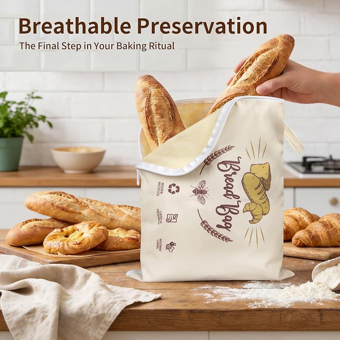 2 Pack Reusable Beeswax Bread Bag with L-Shaped Zipper, X-Large | Easy-Access Wrap for Sourdough & Baguettes, Sustainable Organic Cotton Food Storage, Zero Waste Artisan Bread Protector