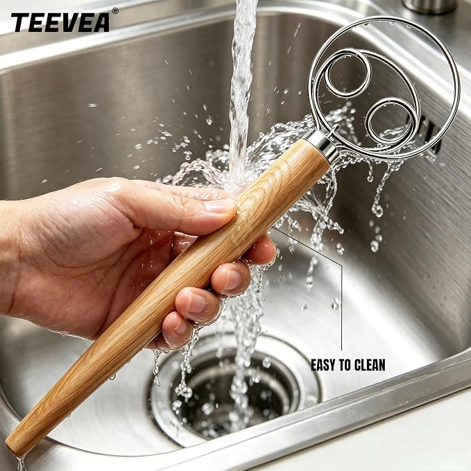 TEEVEA Danish Dough Whisk Stainless Steel Wooden Handle for Sourdough Bread | 4-Loop Anti-Clog Head Stops Lumps, Non-slip Grip Cuts Stirring Fatigue, Compact Build for Storage & Hand Wash Only