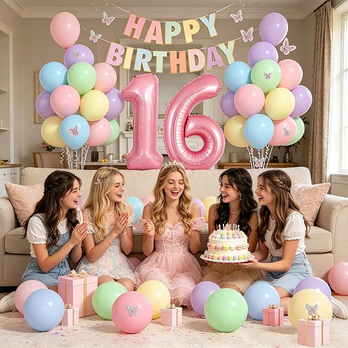 16th Birthday Decorations For Girls- 12 Inch Pastel Balloons, 32 Inch Pink 16 Balloon, 3D Butterflies Stickers, Happy Birthday Banner For Girl Sweet Sixteen Party Decorations