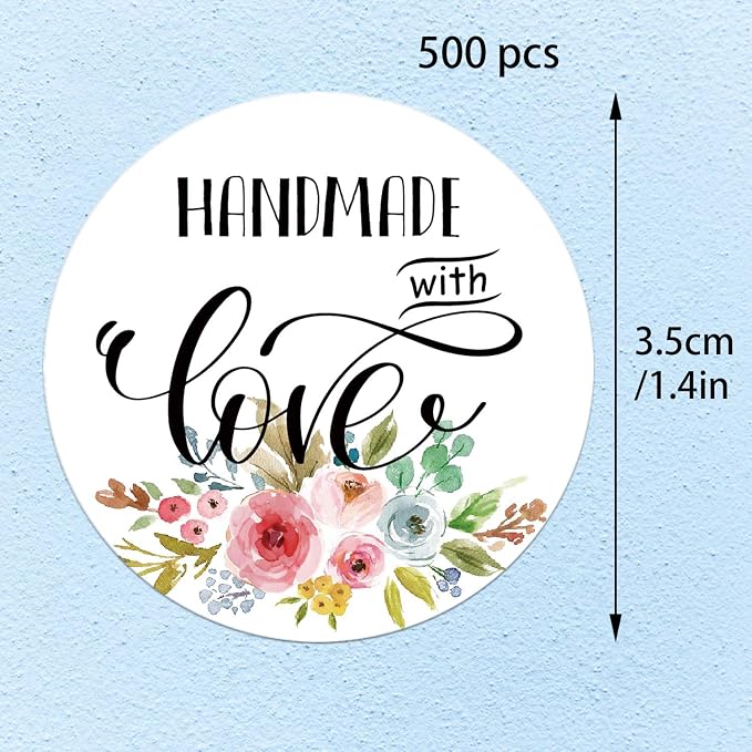 Floral Handmade Stickers, 1.4 Inch Round, 500 Labels per Roll (1 Roll), Adhesive Labels