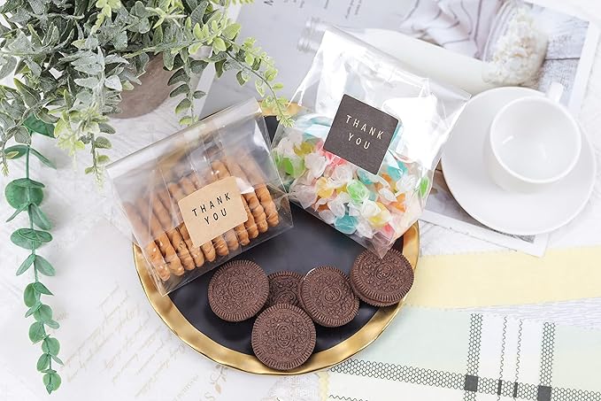 Cellophane Treat Bags Cookie Bags for Packaging Clear Gift Bag with Stickers for Cookies, Candy, Chocolates, Graduation Gift Bags(Clear, 9x4 INCH)