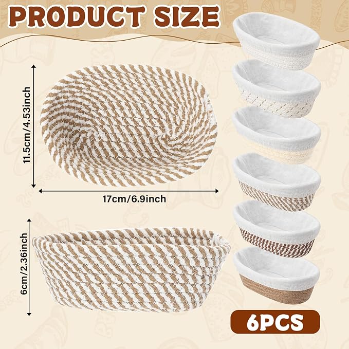 6 Set 6.9 Inch Mini Banneton Bread Proofing Basket Natural Cotton Rope Proofing Bowls Kit with Cloth Liner Small Sourdough Bread Baking Supplies for Home Baking (Brown)