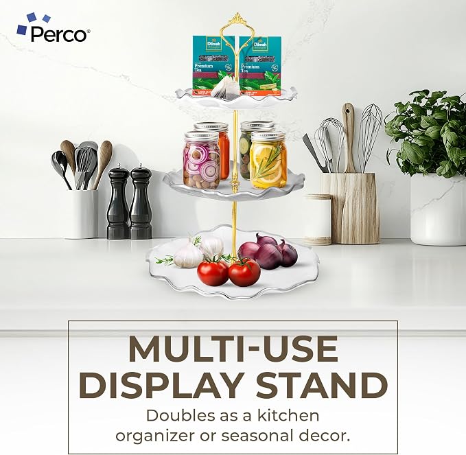 Perco 3 Tier Ceramic Cupcake Stand for 20 Cupcakes – Tiered Dessert Stand & Serving Tray, Elegant Gold Accent Dessert Table Display Set for Weddings, Birthdays & Events