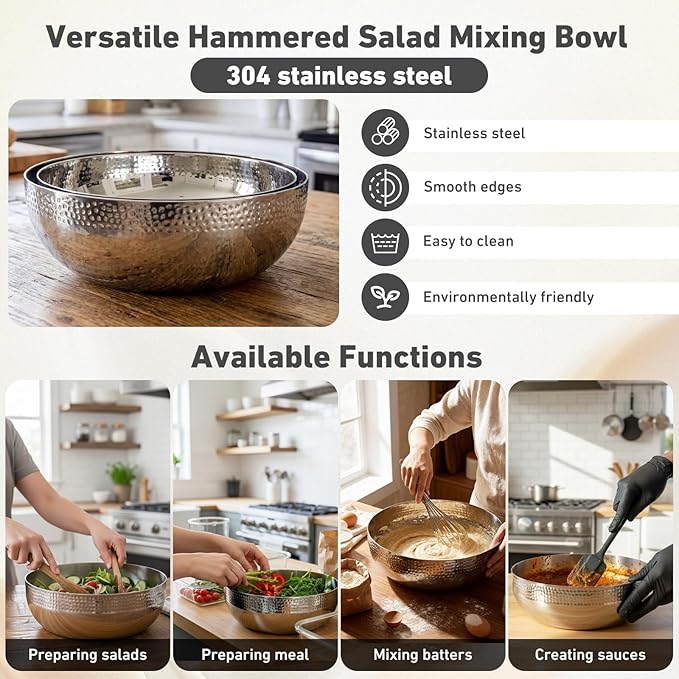 Honeydak 2 Pack Stainless Steel Hammered Salad Bowl 118oz & 152oz Large Metal Serving Mixing Bowl Decorative for Popcorn Fruit Kitchen Cooking Baking Salad Prep Food Storage