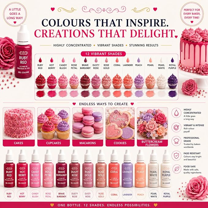 Confect Valentine – Love Palette Gel Food Coloring Set – 12 Highly Pigmented Colors for Buttercream, Cakes, Cookies, Macarons & Baking – 10mL Bottles