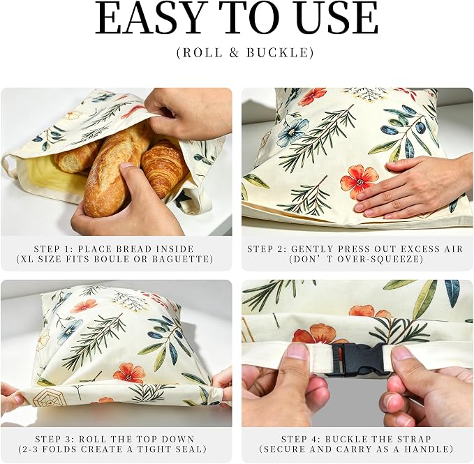 Beeswax Bread Bags for Sourdough & Homemade – Reusable | Natural linen bread storage, 17x13 in. Roll & buckle closure. Freezer safe. 2-pack.