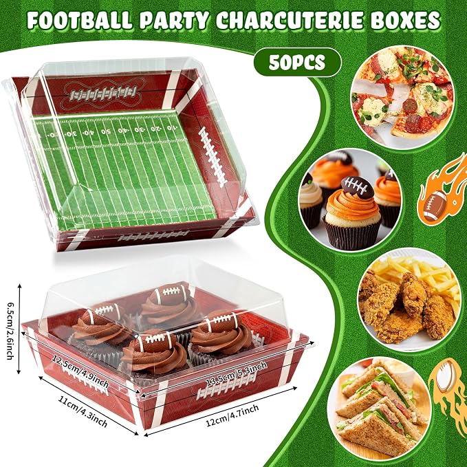 Potchen 50 Pack Bakery Boxes with Clear Lids, Disposable Charcuterie Treat Boxes for Cookies, Donuts, Cupcakes, Candy and Mini Cakes, Party Favor for Wedding and Gift Giving(Football)