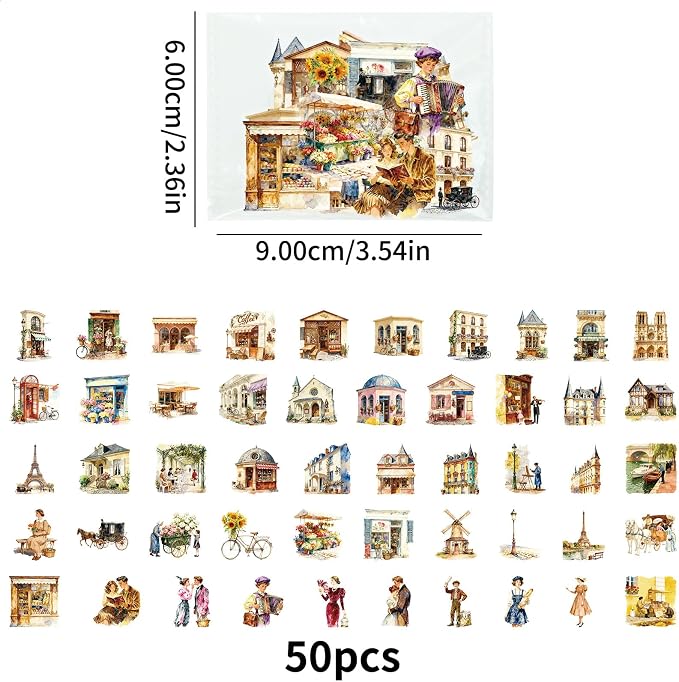 50 pcs Vintage European Town Clear PET Stickers, Paris Street Cafe Building People Transparent Die-Cut Decals, Waterproof Stickers for Journal Scrapbook Planner DIY Travel Craft Decor
