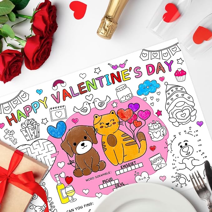 45pcs Valentine's Day Disposable Coloring Placemats Valentines Day Crafts for Kids Valentine Party Favors Coloring Poster Valentine Party Supplies School Classroom Activities Paper Table Mats