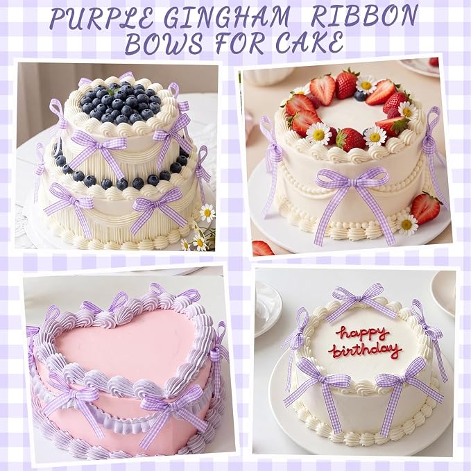 30 PCS Bow Cupcake Topper Purple Gingham Ribbon Bows for Cake Handmade Bow Birthday Decorations for Weddings, Baby Showers, Wedding, Engagements and Dessert Tables