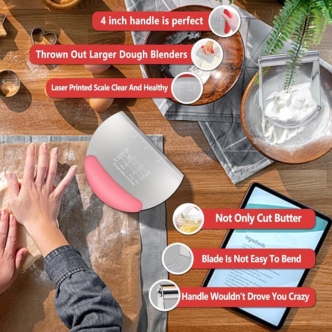 Pastry Cutter Dough Scraper Dough Cutter Scraper Tool Kitchen Pastry Blender,Stainless Steel Pastry Cutters Heavy Duty Dough Cutter for Kitchen Baking Tools,Comfortable and Easy Clean (Pink) (Pink-)