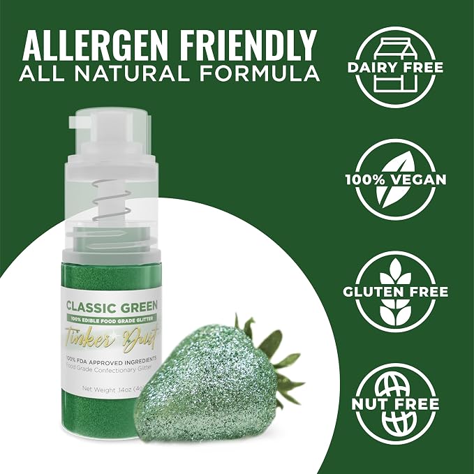 Bakell - Classic Green Tinker Dust (4g, 1x Mini Spray Pump) Edible Glitter for Food, Desserts, and Baked goods!