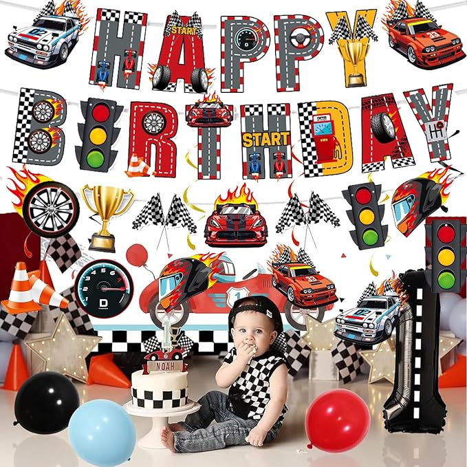 Zwiebeco Race Car Happy Birthday Banner Bunting Hanging Paper Swirls Garland Party Decorations for Racing Themed Boys Men Bday Baby Shower Decor Accessories Supplies
