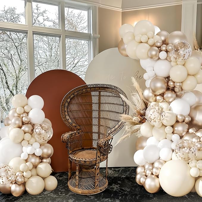 White Sand Champagne Gold Balloon Arch Kit, 143Pcs Metallic Champagne Gold Neutral Balloons Garland Arch Kit Confetti Balloons for First Communion Anniversary Engagement Wedding Birthday Decorations