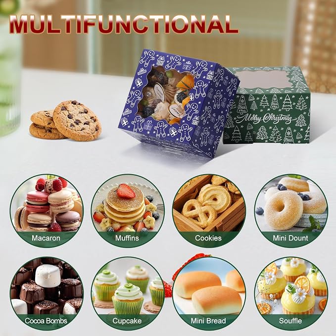 COTOPHER 30Pcs Christmas Cookie Boxes for Gift Giving, 4x4x2.5 inch Bakery Box with Window, Xmas treat Boxes for Holiday Party Favor Pastries, Cupcakes, Muffins Donuts Chocolate, Gift Wrapping