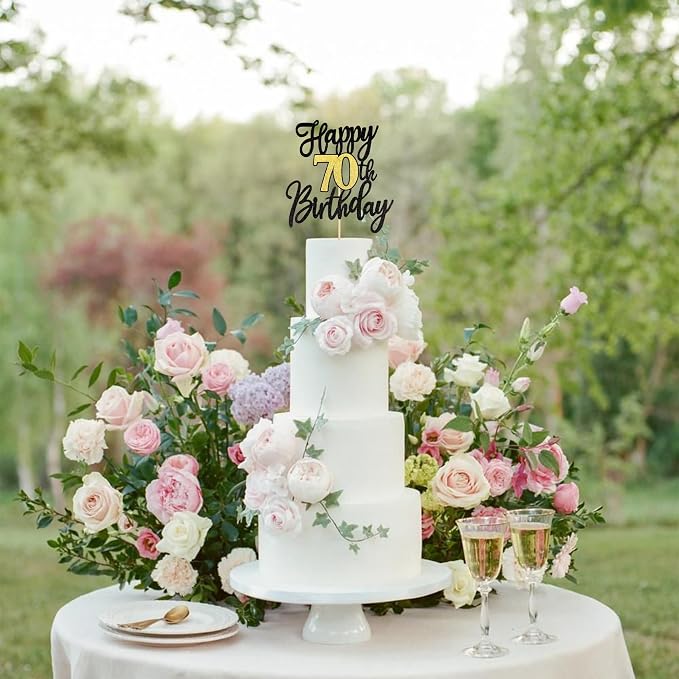 1 PCS Happy 70th Birthday Cake Topper Black Gold Glitter Cheers to 70 Years Birthday Cake Pick 70 Fabulous Cake Decoration for Happy 70th Birthday Anniversary Party Decorations Supplies