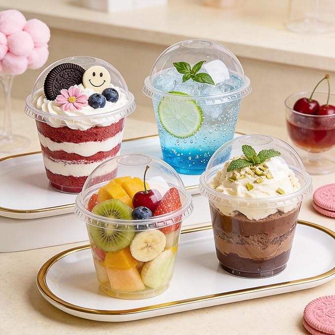 Lullaby 50Pack 9oz Clear Plastic Cups with Dome Lids, Dessert Cups with Lids, Disposable Parfait Cups, Party Cups Cupcake for Parties and Daily Use