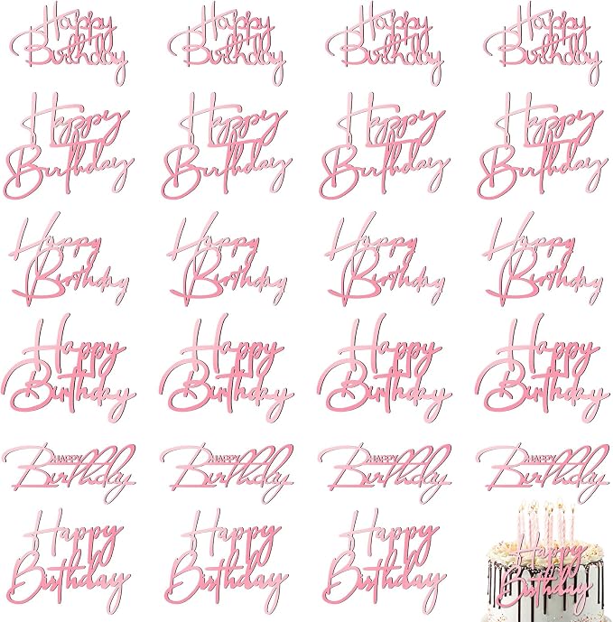 Barydat 24 Pieces Pink Happy Birthday Cake Toppers Mirror Acrylic Cupcake Topper Happy Birthday Sign for Cake Side Cupcake Decorations, 6 Styles