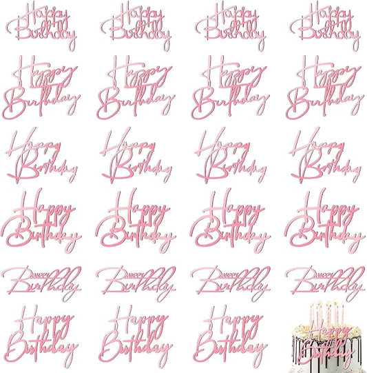 Barydat 24 Pieces Pink Happy Birthday Cake Toppers Mirror Acrylic Cupcake Topper Happy Birthday Sign for Cake Side Cupcake Decorations, 6 Styles