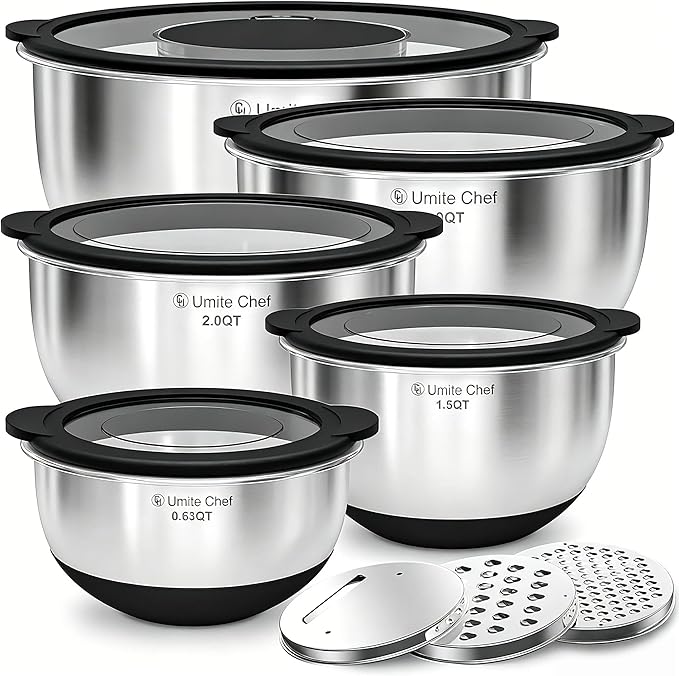 Mixing Bowls with Lids Set - Non-Slip, Airtight Warp-Proof TPR-AS Lids, Thicker Stainless Steel Bowls, Measurement Lines & 3 Graters, Prep Meal Bowl, Black Nesting Bowl for Kitchen, 5/3/2/1.5/0.63QT