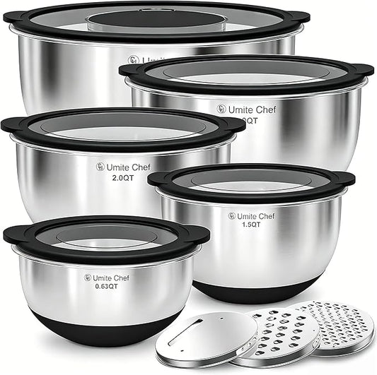 Mixing Bowls with Lids Set - Non-Slip, Airtight Warp-Proof TPR-AS Lids, Thicker Stainless Steel Bowls, Measurement Lines & 3 Graters, Prep Meal Bowl, Black Nesting Bowl for Kitchen, 5/3/2/1.5/0.63QT