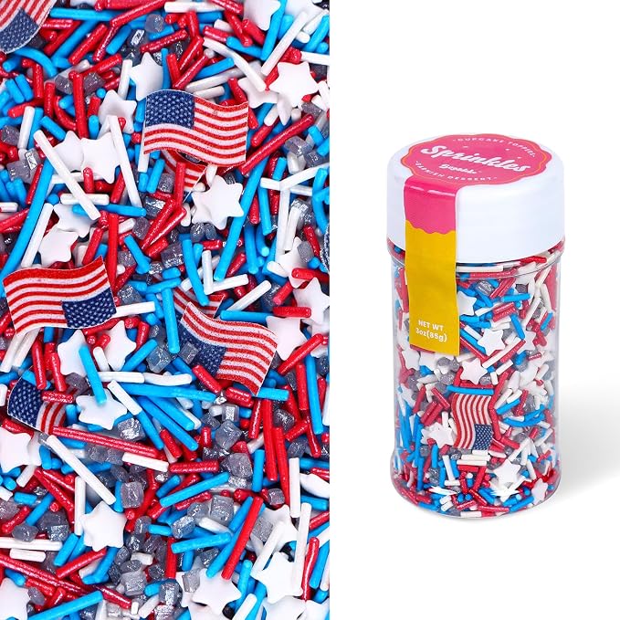 3oz Red White and Blue Sprinkles, July 4th Sprinkles for Cake Decorating, Patriotic Stars and Stripes Mix Candy for Cake Toppers, Ice Cream Brownie Cookie Dessert Topping