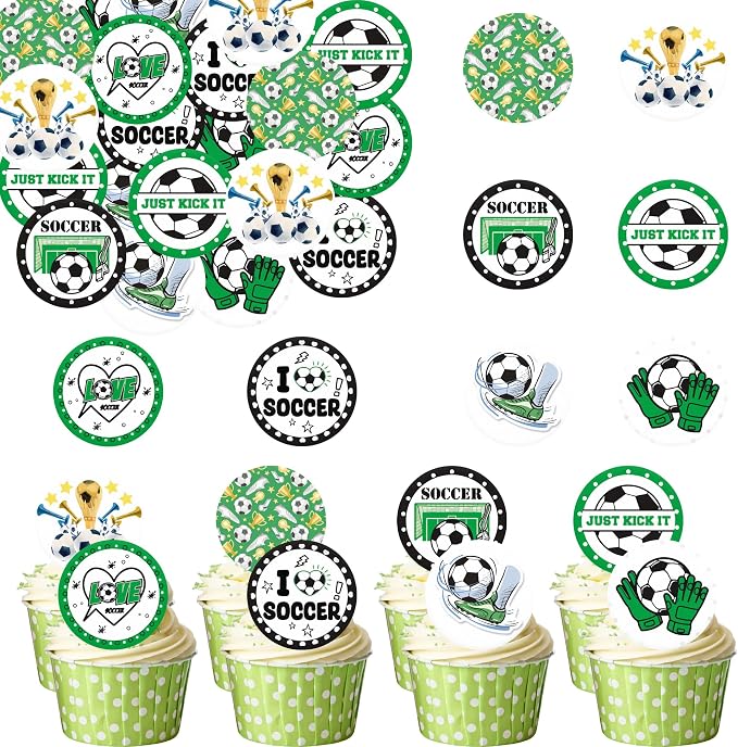 36pcs Edible Soccer Cupcake Toppers Edible Soccer Cake Decorations for Sports Ball Game Theme Baby Shower Birthday Party Cake Decorations Supplies