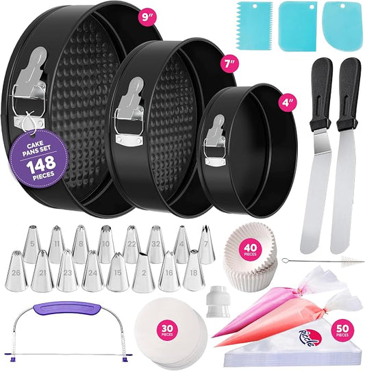 Riccle 148PCs Cake Pan Set for Baking, 3 Non-Stick Springform Pan Set (4, 7, 9 Inches), Cake Decorating Kit, Piping Bags and Tips Set, Cake Leveler, Multi-functional Leak-Proof CheeseCake Pan (148)