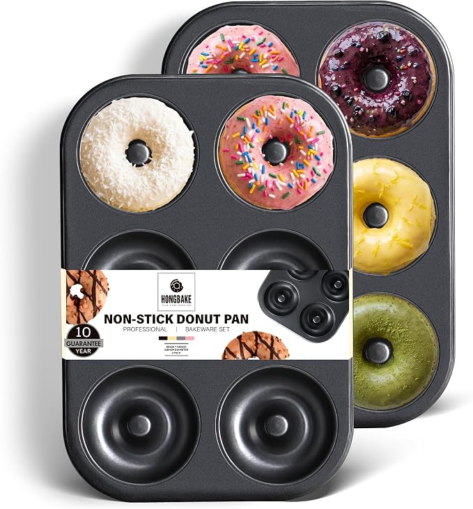 HONGBAKE Donut Pan for Baking, 2-Pack Nonstick Doughnut Pans, 6-Cavity Deep Donut Mold for Fuller Baked Cake Donuts, Heavy-Duty Carbon Steel, Oven Safe to 450°F - Black