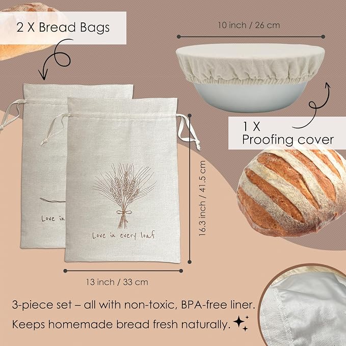 ‌2 Pack Reusable Linen Bread Bags for Homemade Sourdough - Eco-Friendly Storage with Proofing Bowl Cover | Baking Accessories & Sustainable Kitchen Essentials, Cream white