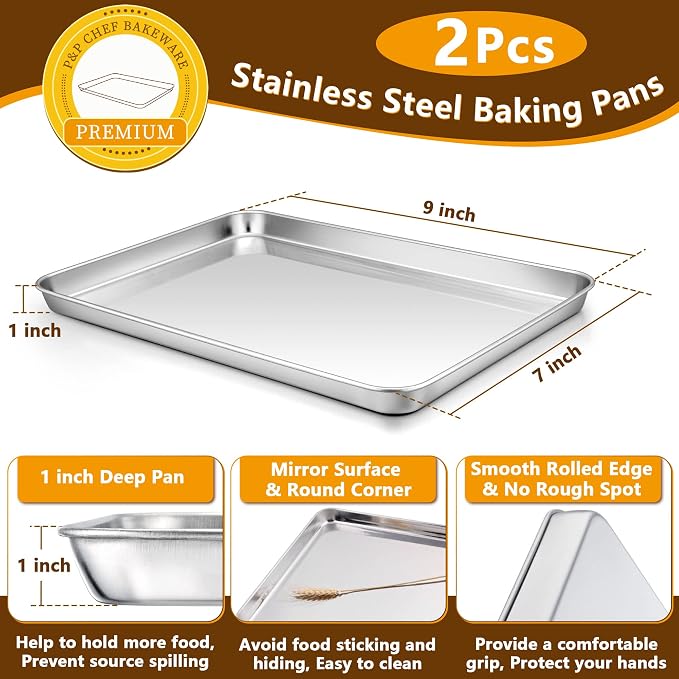 P&P CHEF 9 Inch Toaster Oven Pans with Racks, 4 Pieces Stainless Steel Oven Tray Baking Pan Sheet and Cooling Rack for Oven Cooking Roasting, Non Toxic & Dishwasher Safe