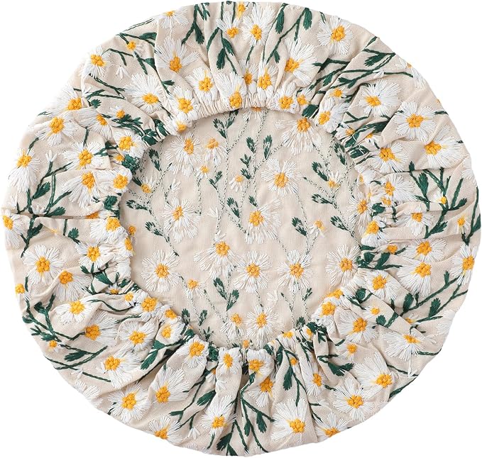 Reusable Bowl Covers for Bread Proofing Baking Embroidered Daisy Linen Cotton Cloth Fabric Washable with Elastic Cover for Food Fruit Salad Eco-friendly (Beige Daisy Field)