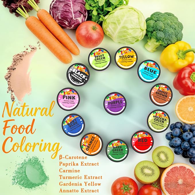 Natural Food Coloring - 12 Colors Plant Based Food Coloring Powder, FD&C & Artificial Dye Free, High Concentrated Natural Food Dye for Baking, Frosting, Fondant, Cake Decorating - 4g/0.14oz each