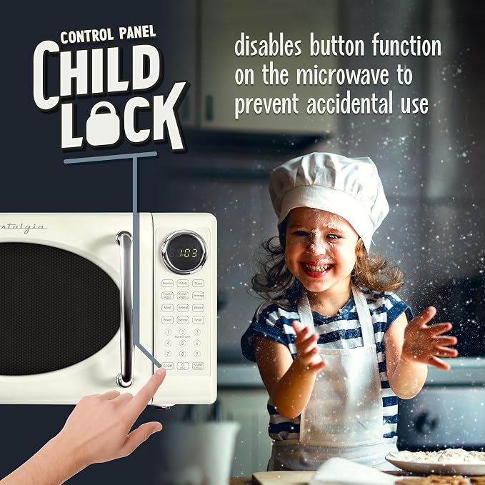 Nostalgia Retro 700W Microwave Oven 0.7 Cu Ft Capacity – Child Safety Lock, 8 Auto-Cook Settings – Countertop Kitchen Appliance – Ivory