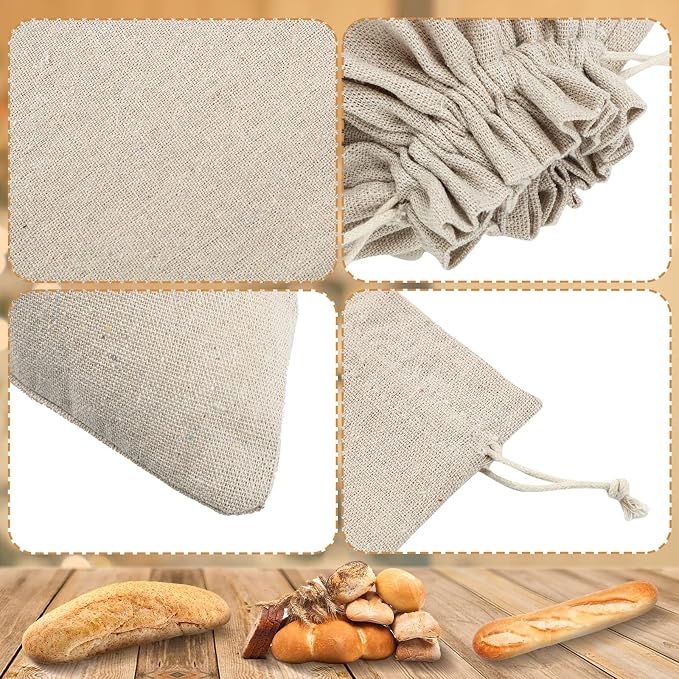 Woanger 8 Pcs Linen Bread Bags, Reusable Sourdough Bread Storage Bags with Drawstring, 12 x 15 Inch 6 x 27 Inch Burlap for Homemade Artisan Breads, Keeps Breads Fresh Longer, Gift(Blank Pattern)
